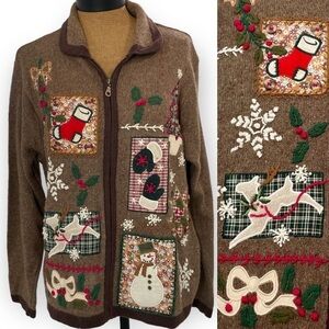 VINTAGE Wool blend chocolate embroidered christmas knit zip cardigan sweater XL‌